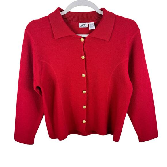 Lucia Vintage 100% Wool Red Collared Gold Button Up Cardigan Sweater Size L - Picture 1 of 5